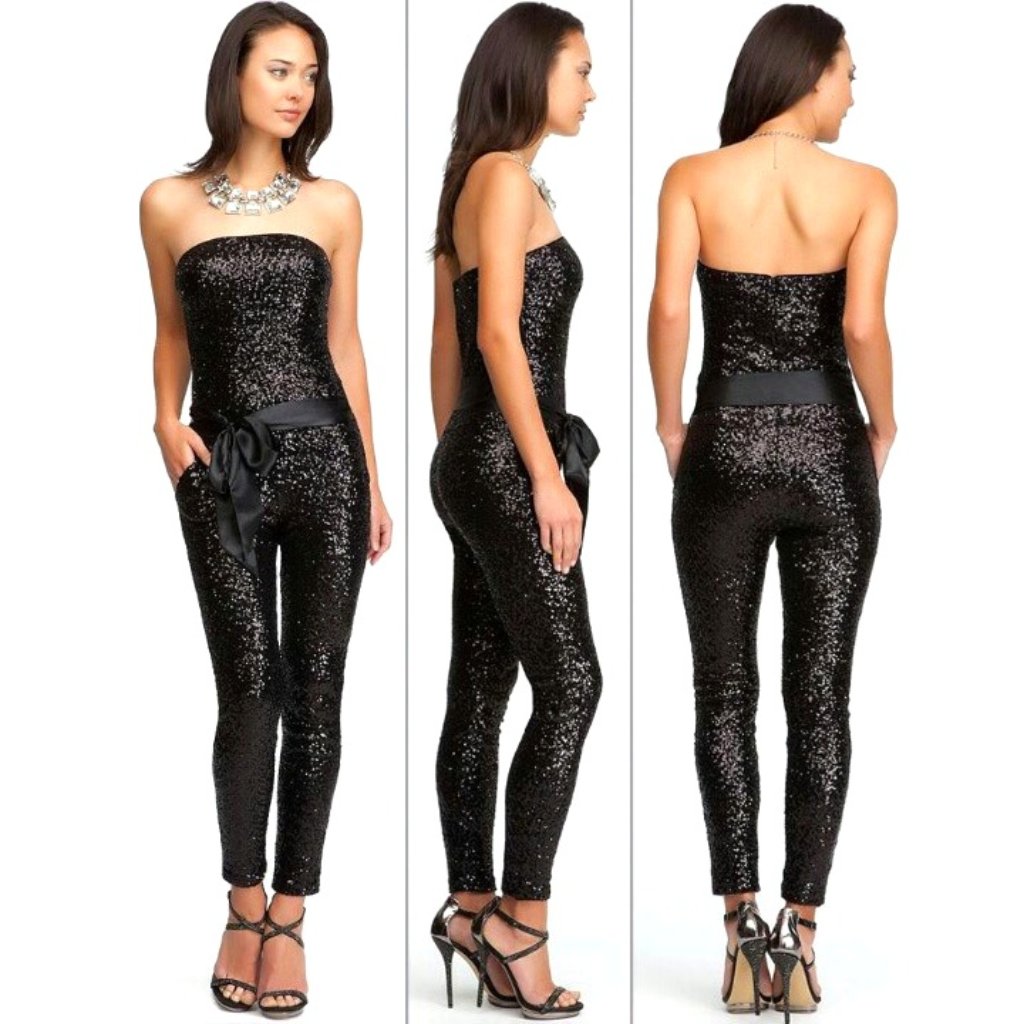 Showstopper!Vtg Bebe Bodycon Strapless Jumpsuit In Black Sequin